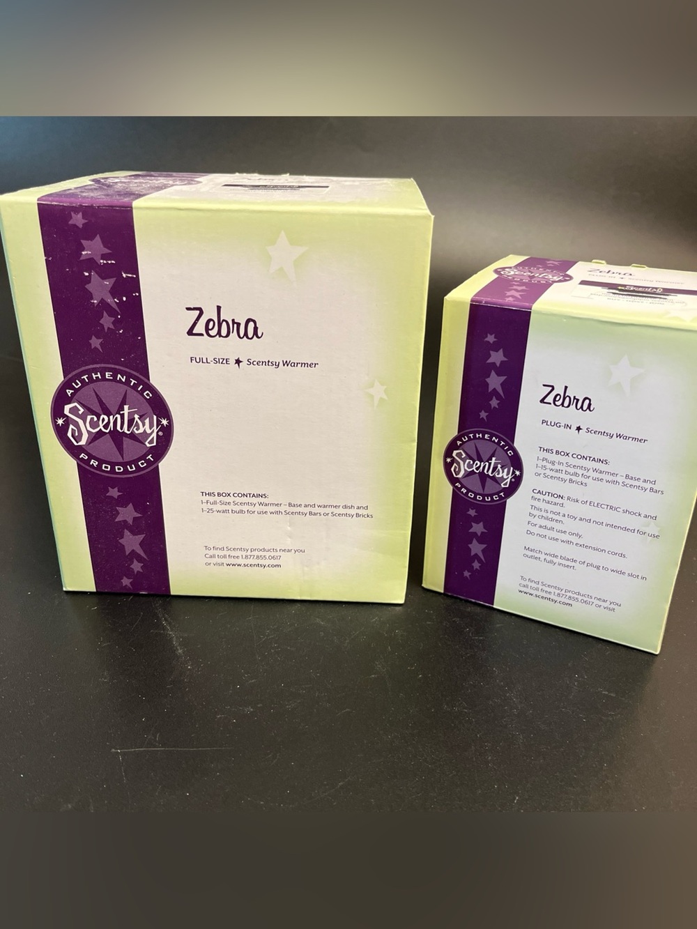 Scentsy Zebra Warmer Boxes in Purple and Light Green